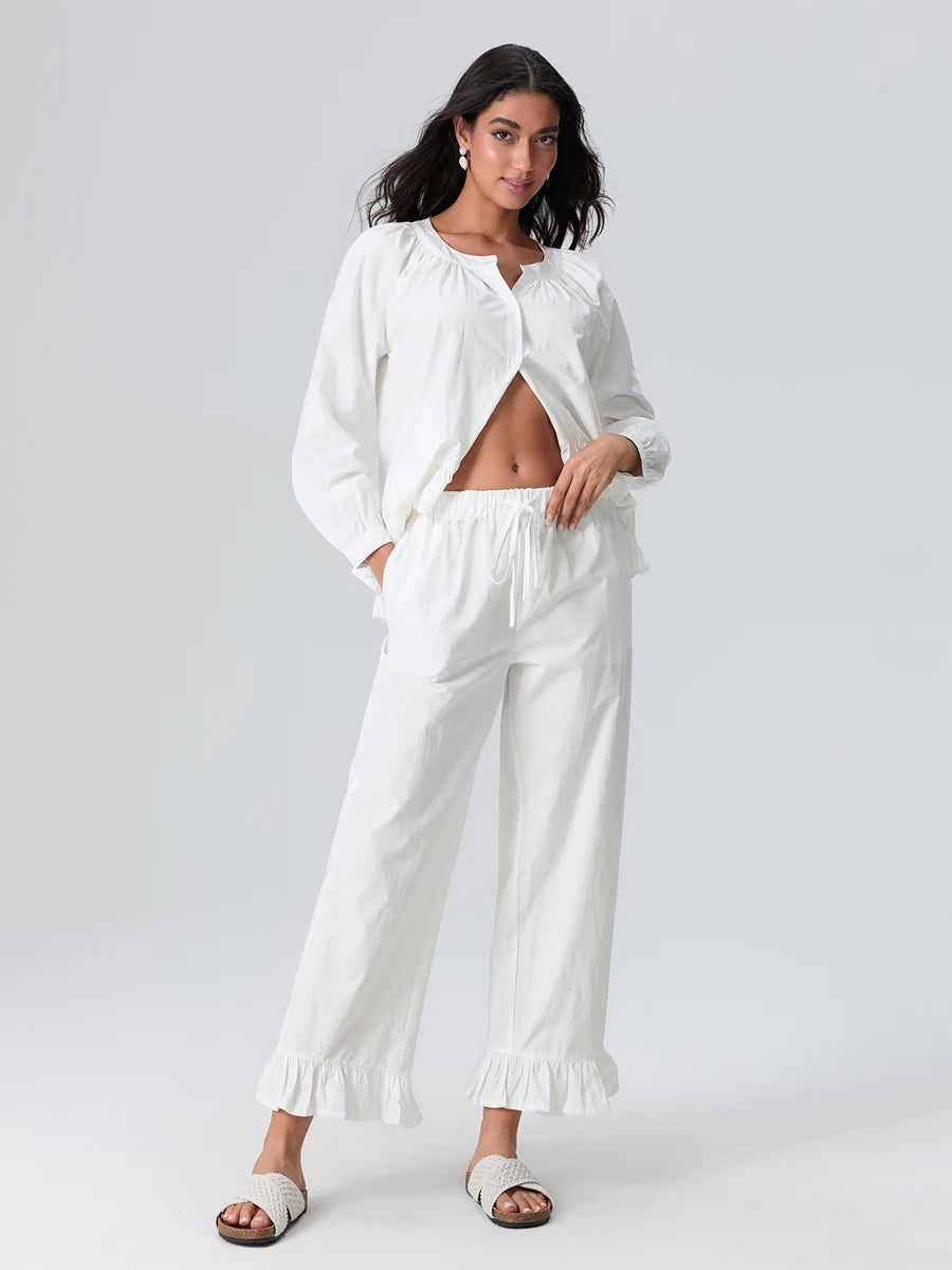 Hirigin Elegant V Neck Pajama Set With Long Sleeve