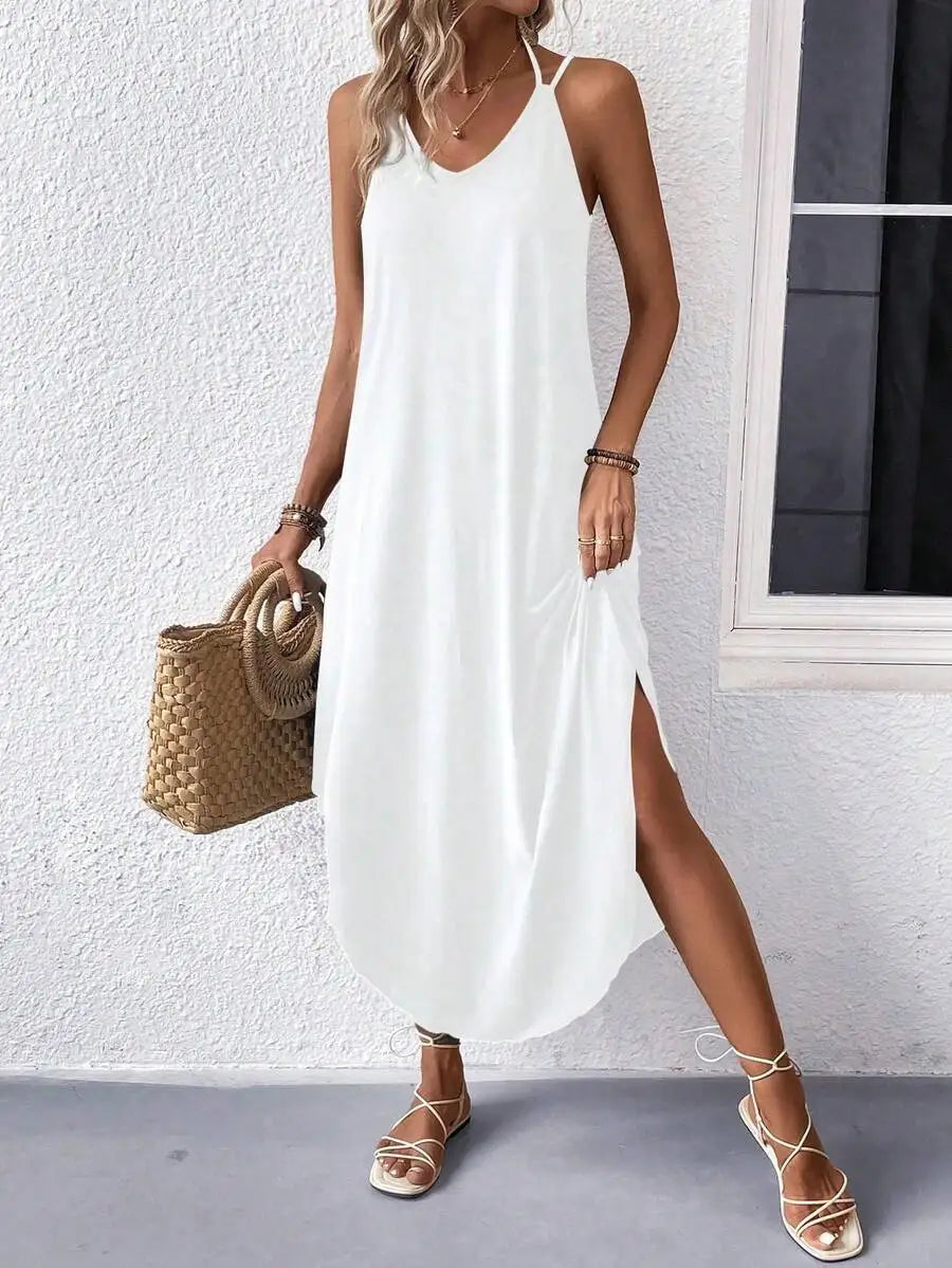 Sleeveless V Neck Maxi Dress With Side Slit Flowy Fit Casual Summer
