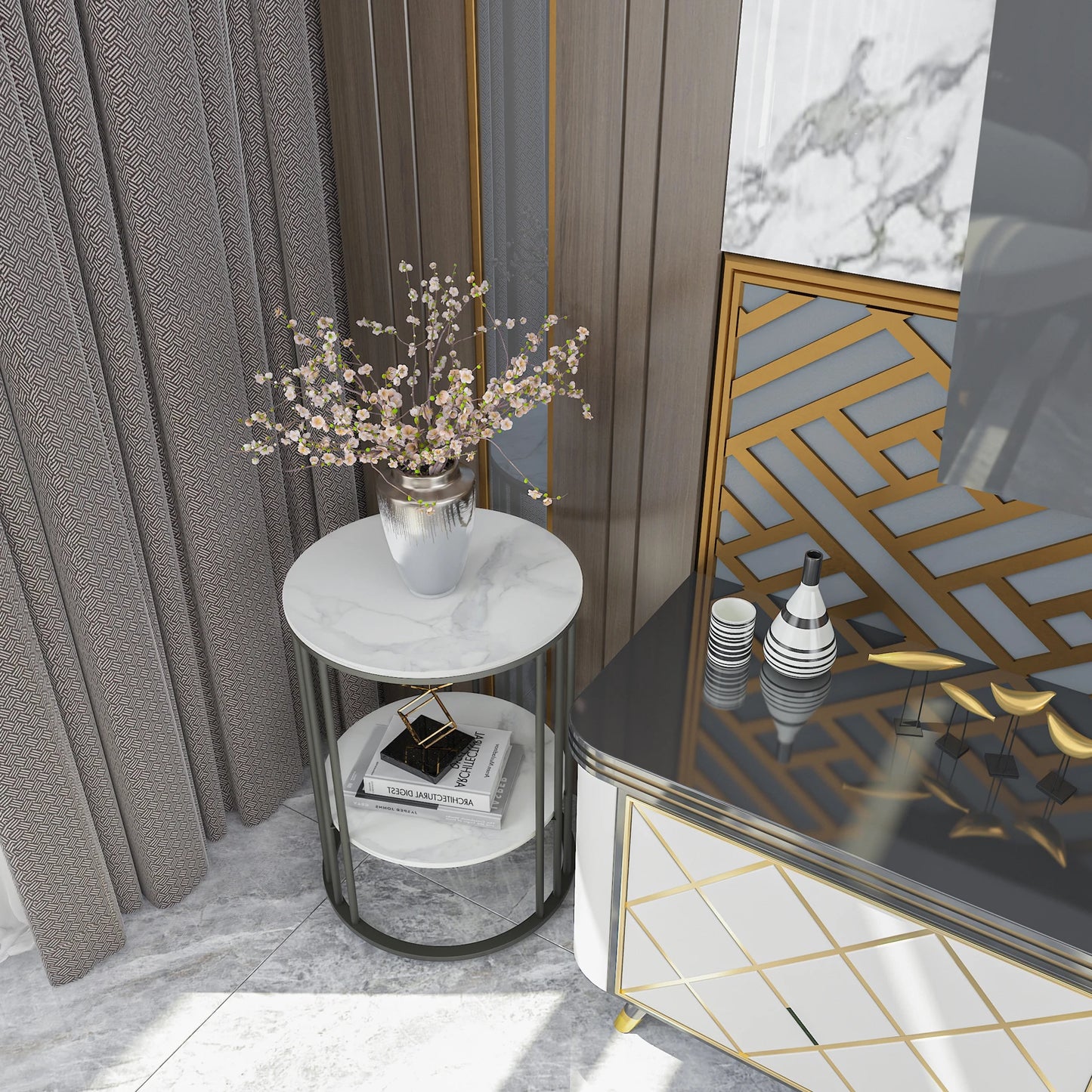 Round Marble Coffee Table With Metal Frame For Living Room