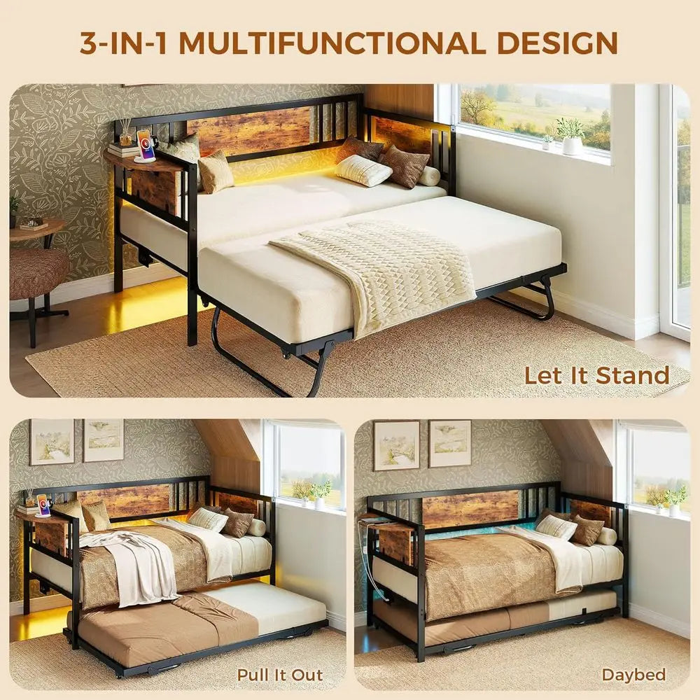 Likimio Daybed With Trundle And LED Lights Charging Station