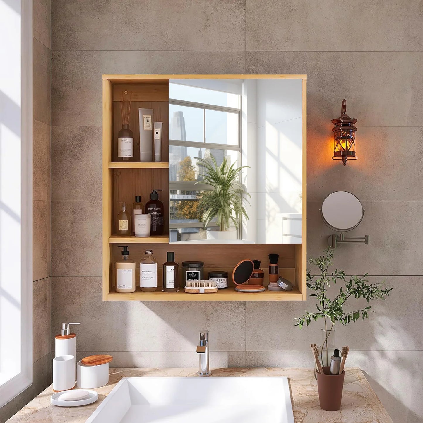 Wisfor Bamboo Bathroom Wall Cabinet With Mirror Medicine Storage Shelves