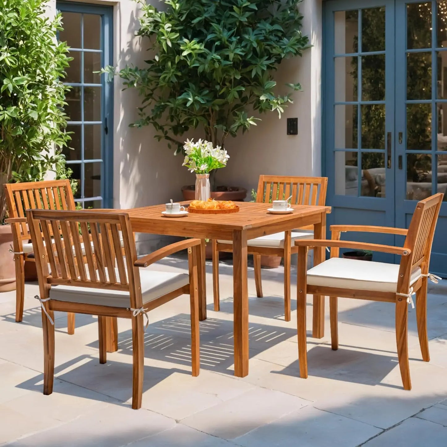 OEING Outdoor Dining Set Acacia Wood Table And Chairs