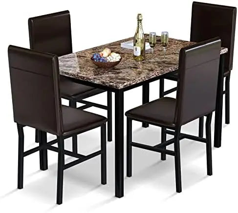 Marble Dining Table Set For 4 With PU Leather Chairs