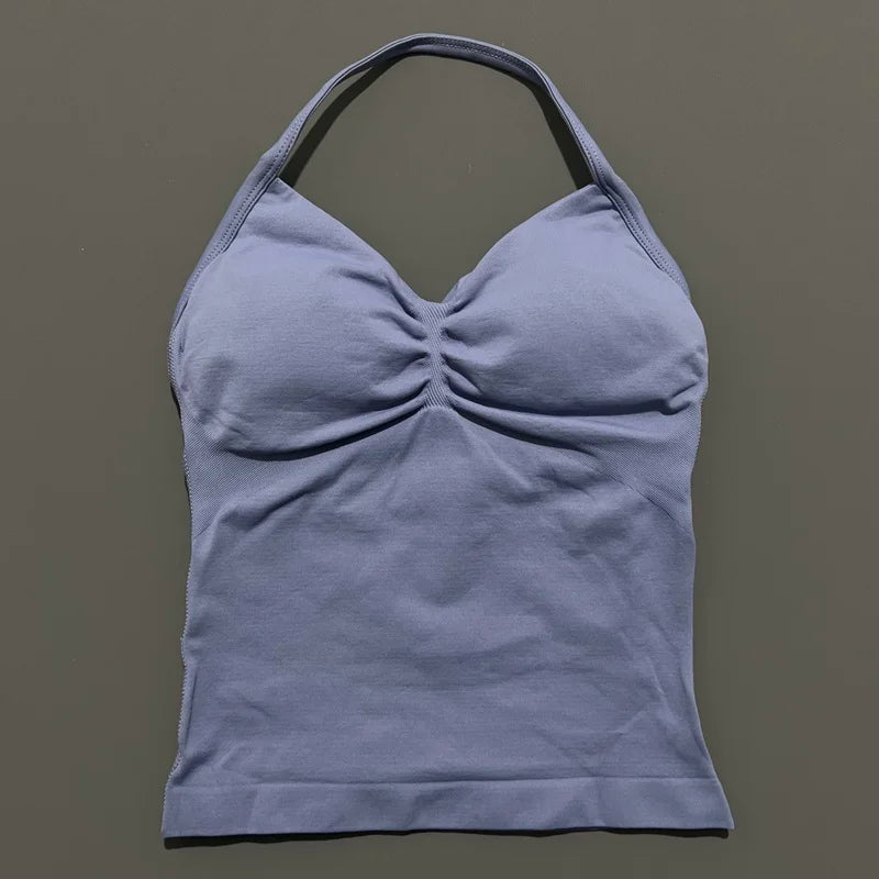 Women Gym Halter Top Longline Strappy Yoga Tank Removable Cups