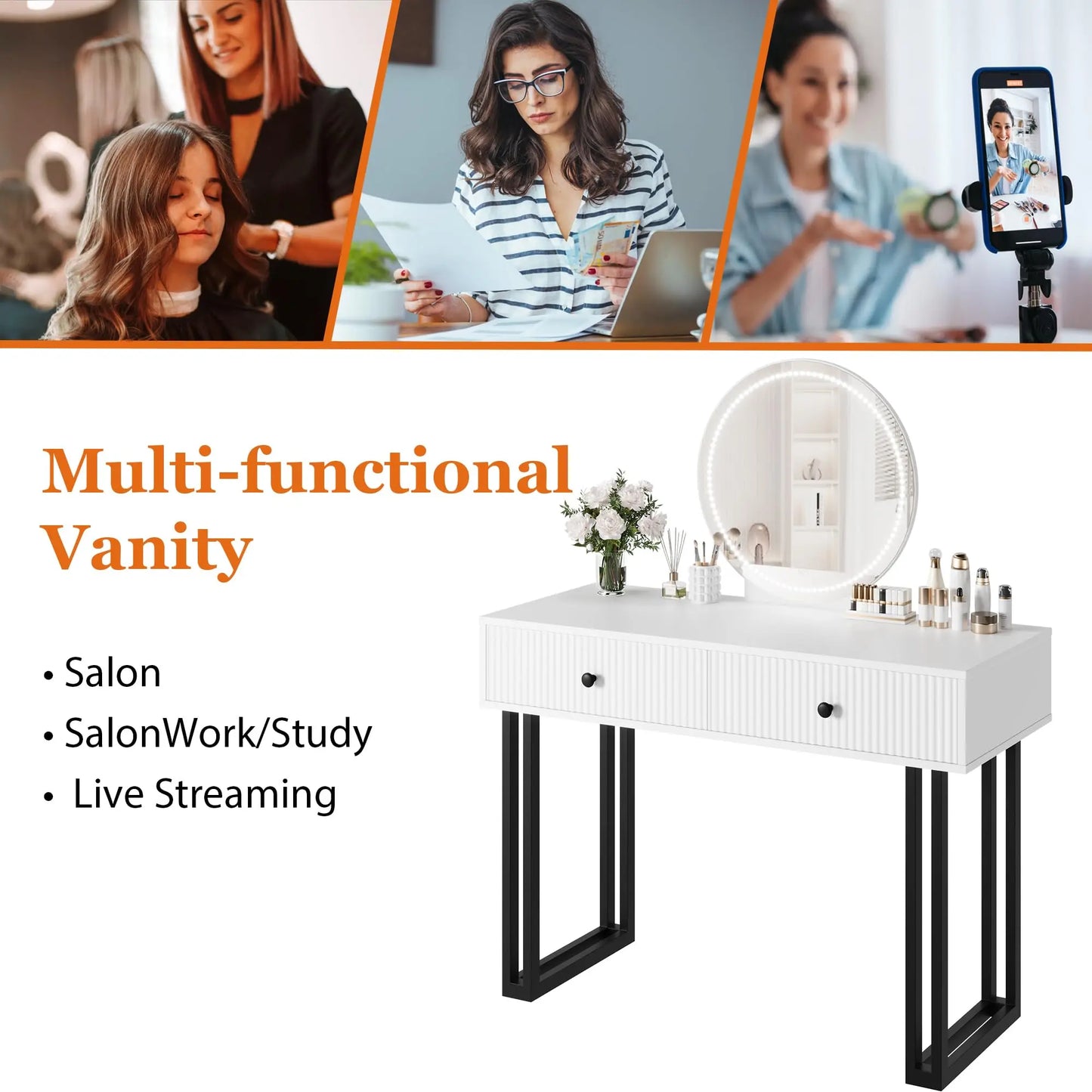HiMISS Vanity Desk With LED Mirror And Lights 2 Drawers