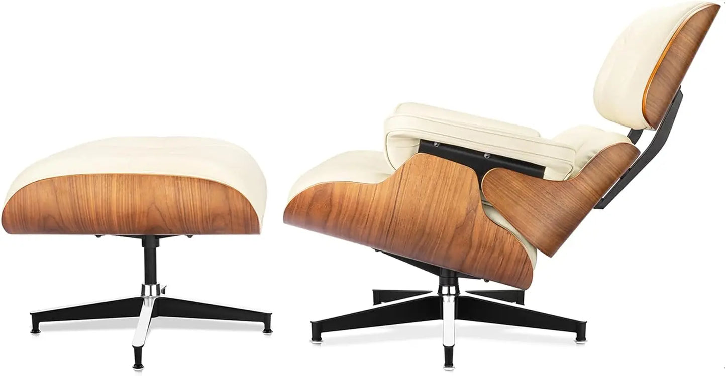 ZHUXIANG Grain Leather Mid Century Chaise Lounge Chair And Ottoman Ash Wood Base