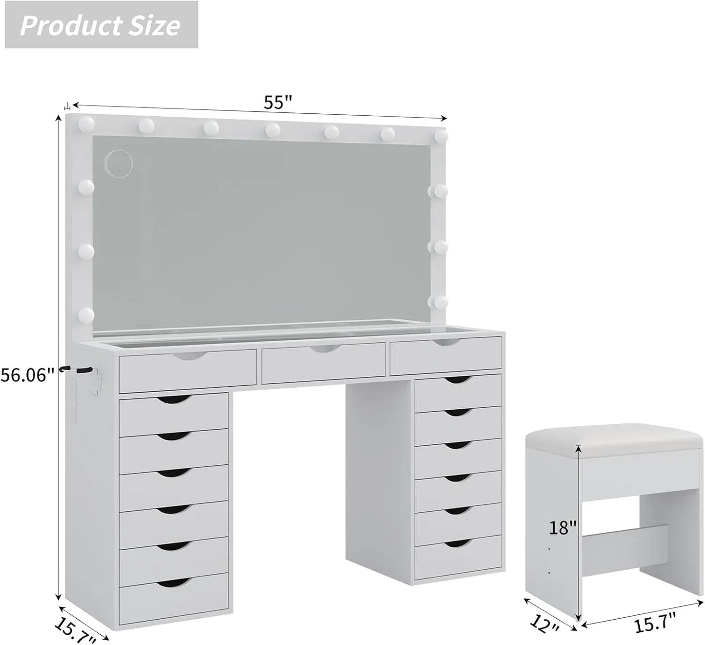 XMSJ Vanity Desk With Mirror 3 Color Lights And 15 Drawers