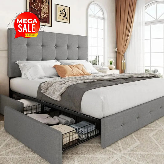Upholstered Platform Bed With Four Drawers Button Tufted
