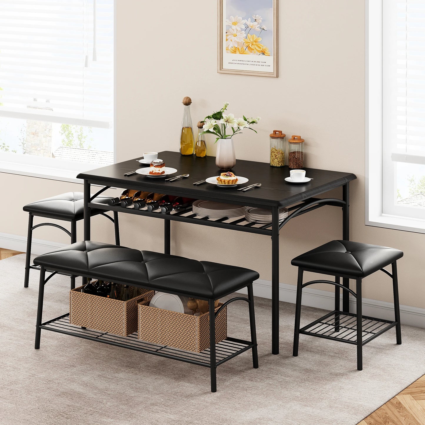 HobbyLane Dining Table Set For 4 With Upholstered Bench Stools