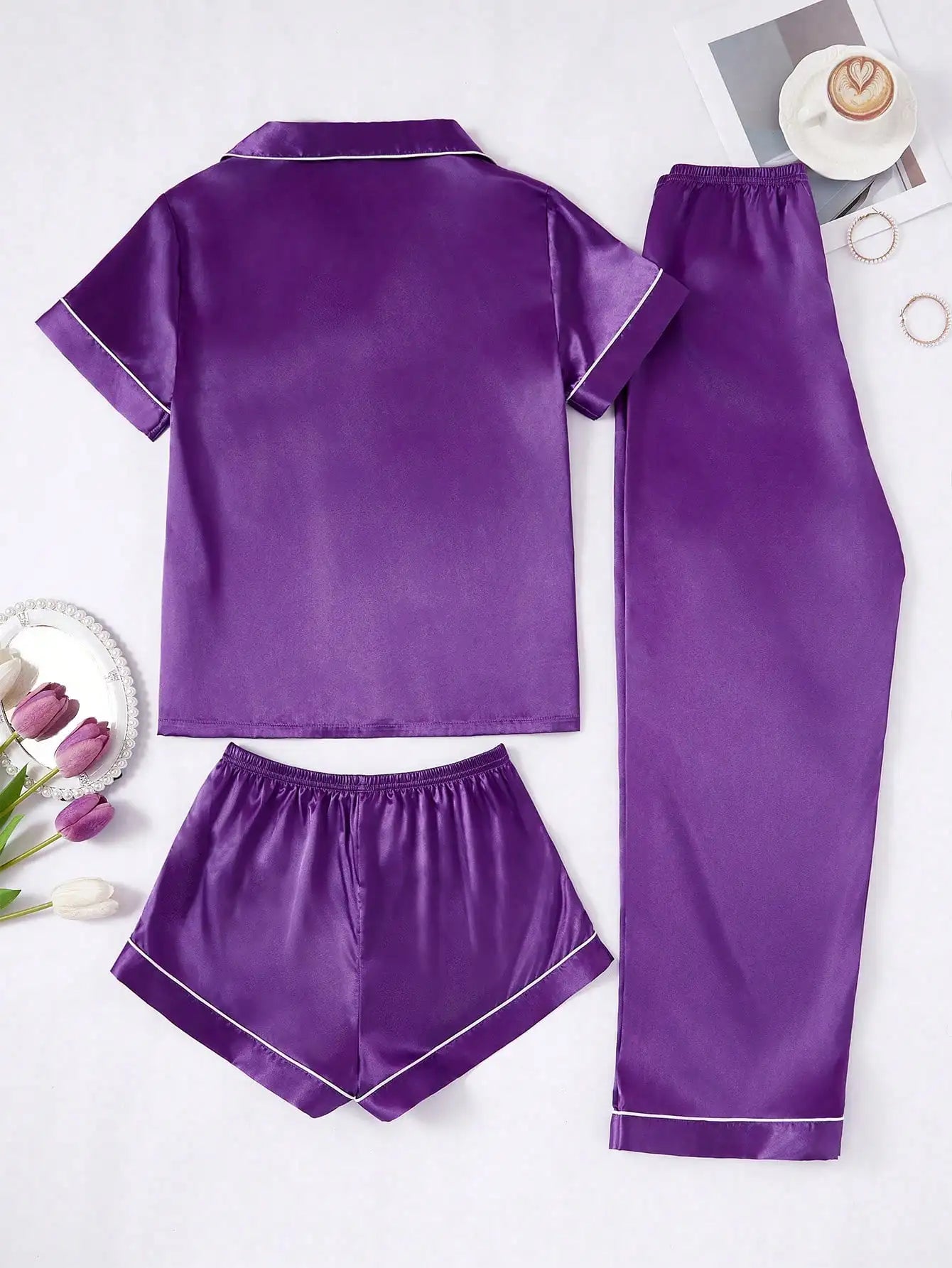 Faux Silk Pajama Set For Women Button-Down Top And Pants