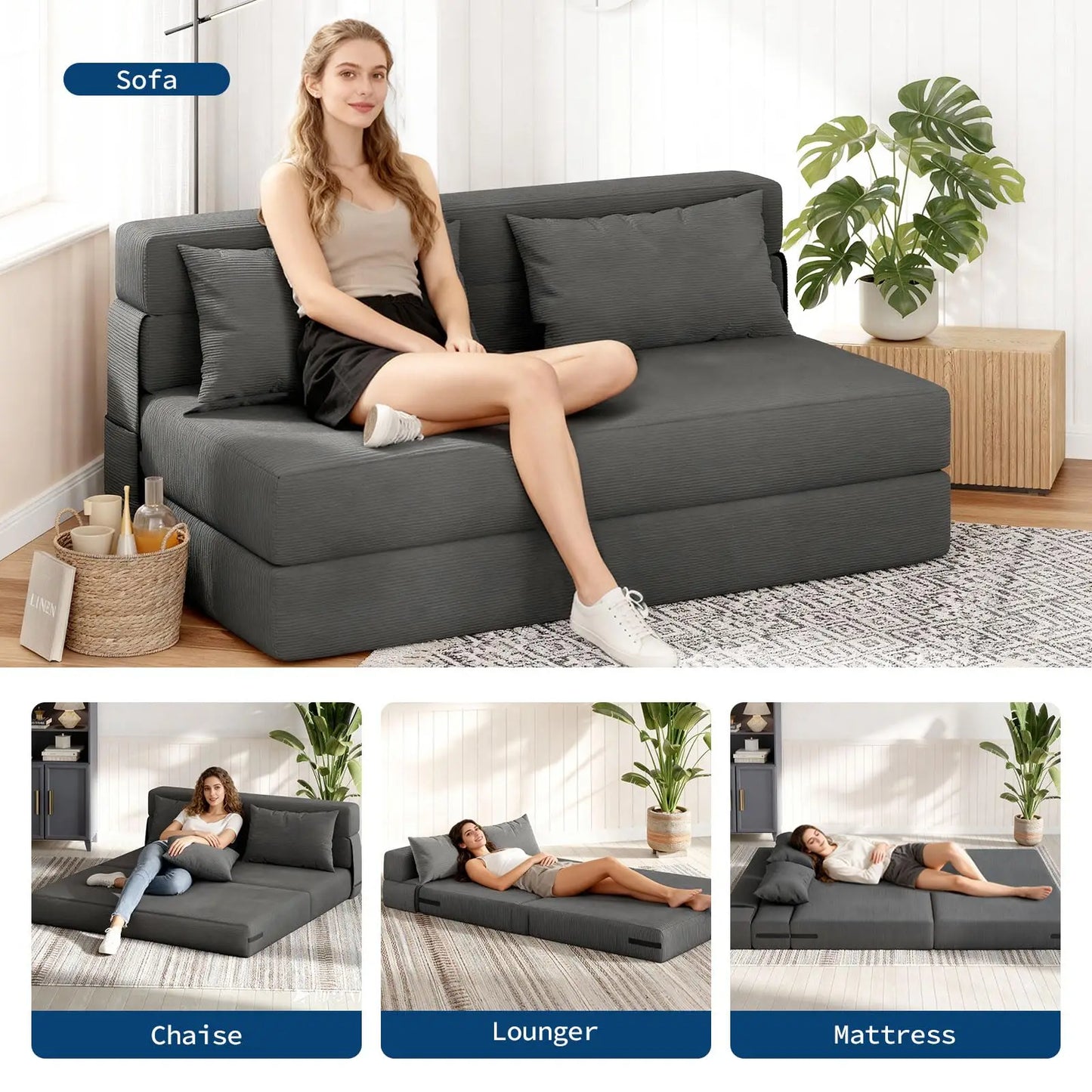 HobbyLane Corduroy Folding Sofa Bed 4 In 1 Convertible Loveseat