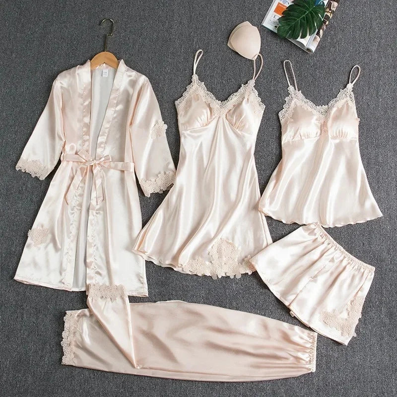 Ice Silk Sleepwear Set For Women V-Neck Long Sleeve Homewear