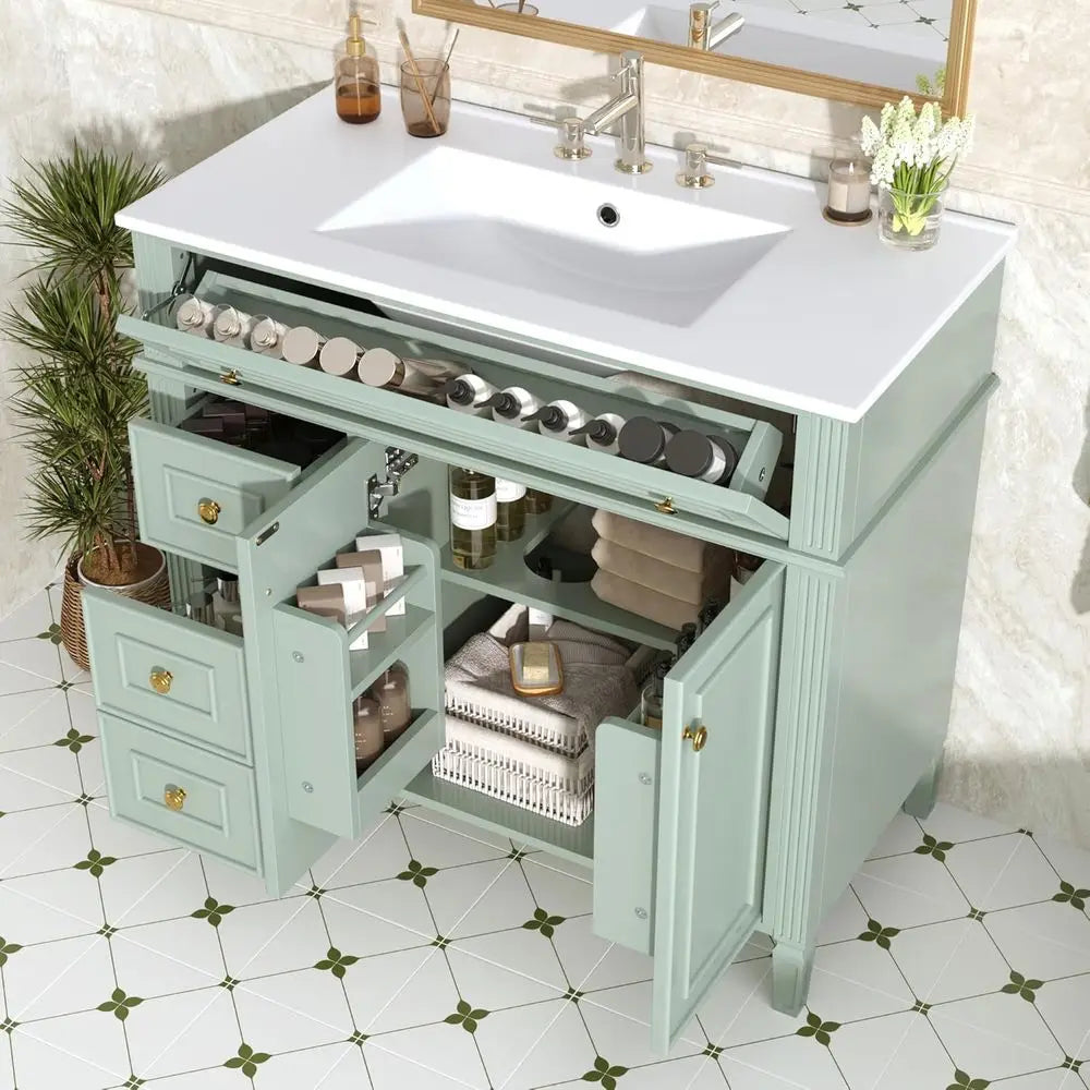 Bathroom Vanity Cabinet With Ceramic Sink, Solid Wood Frame