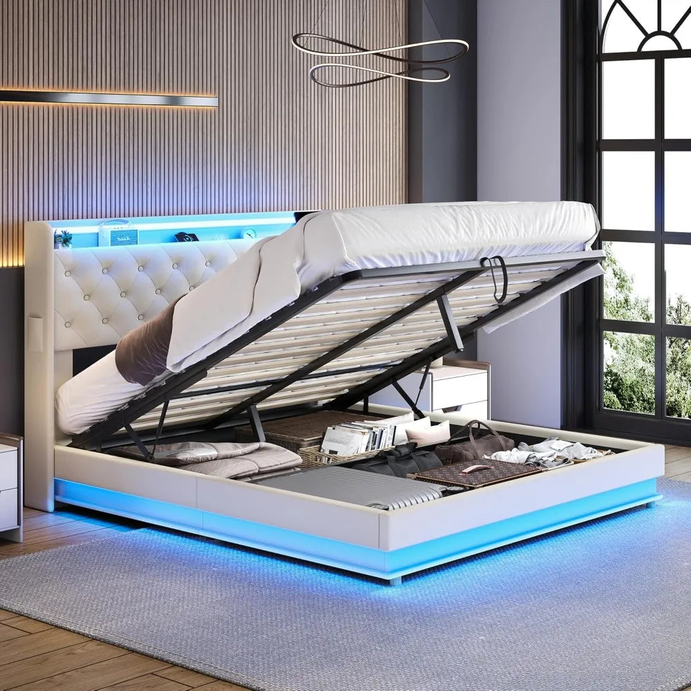 Lift Up Storage Bed With LED Lights And Charging Station