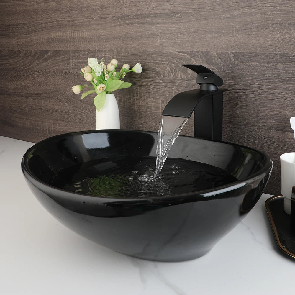 MEKKHALA Oval Vessel Sink With Faucet Marble Ceramic
