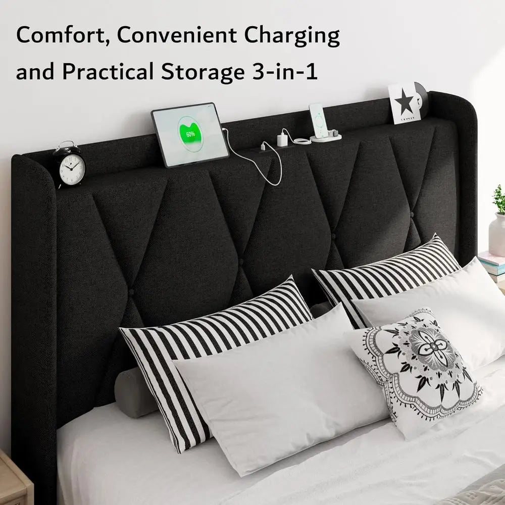 Upholstered Bed With Storage Drawers And USB Charging Station