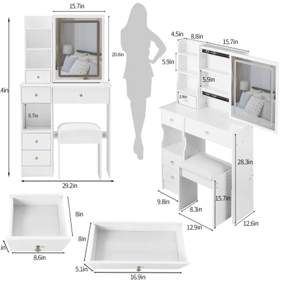 Configuration Vanity Table With Stool And LED Mirror