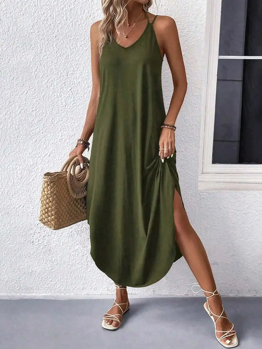 Sleeveless V Neck Maxi Dress With Side Slit Flowy Fit Casual Summer