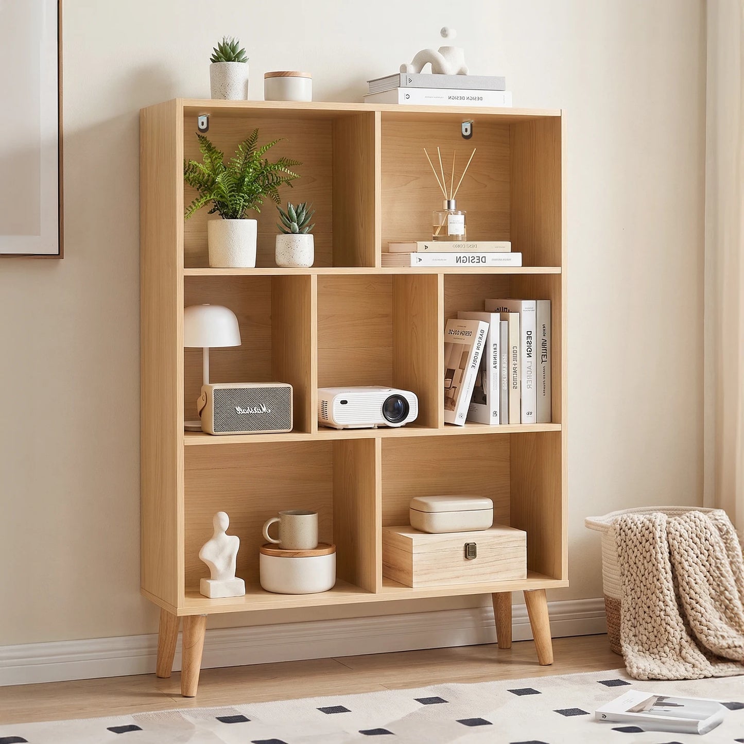 JHK Three-Tier Wooden Bookshelf With Cube Storage Organizer