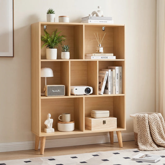 JHK Three-Tier Wooden Bookshelf With Cube Storage Organizer
