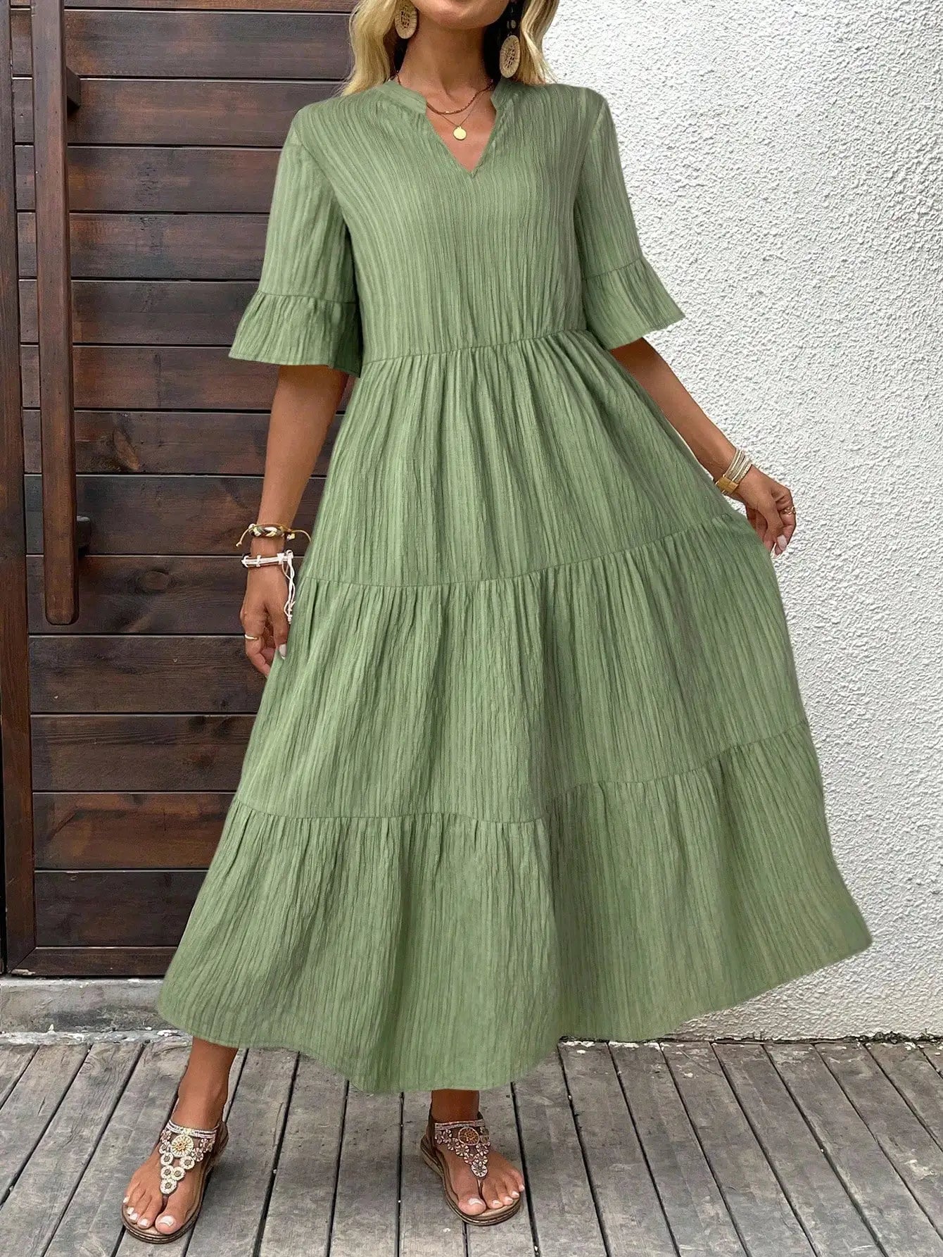 Women's Solid Color Casual Tiered Maxi Dress V-Neck A-Line