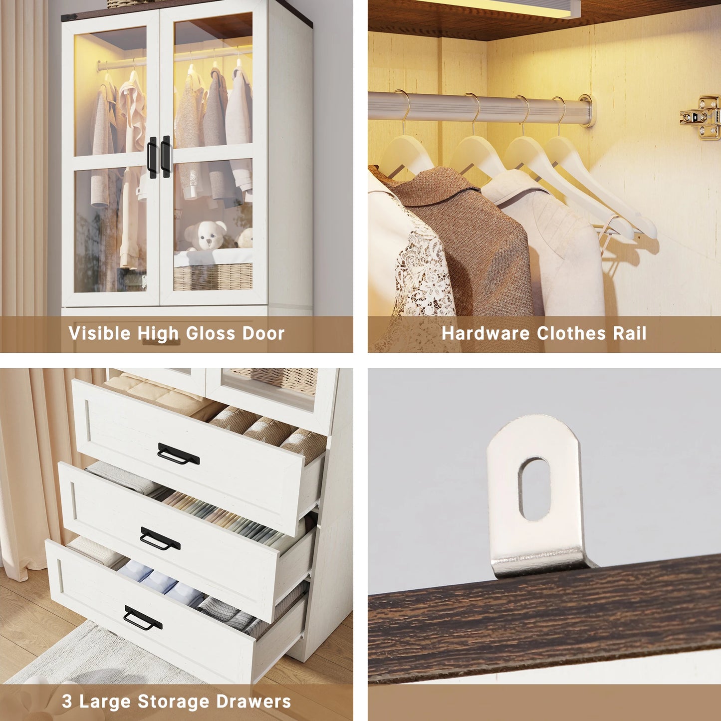 QiaoShiRen Farmhouse Armoire Wardrobe With LED Lighting Freestanding