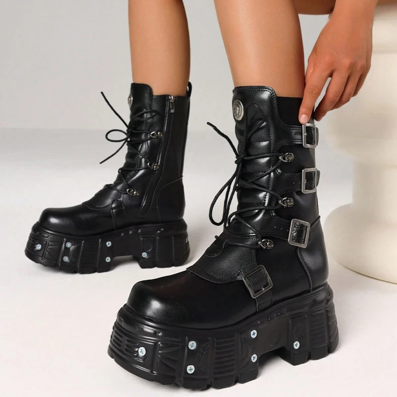 Gothic Womens Combat Boots With Chunky Heels Zip Buckle
