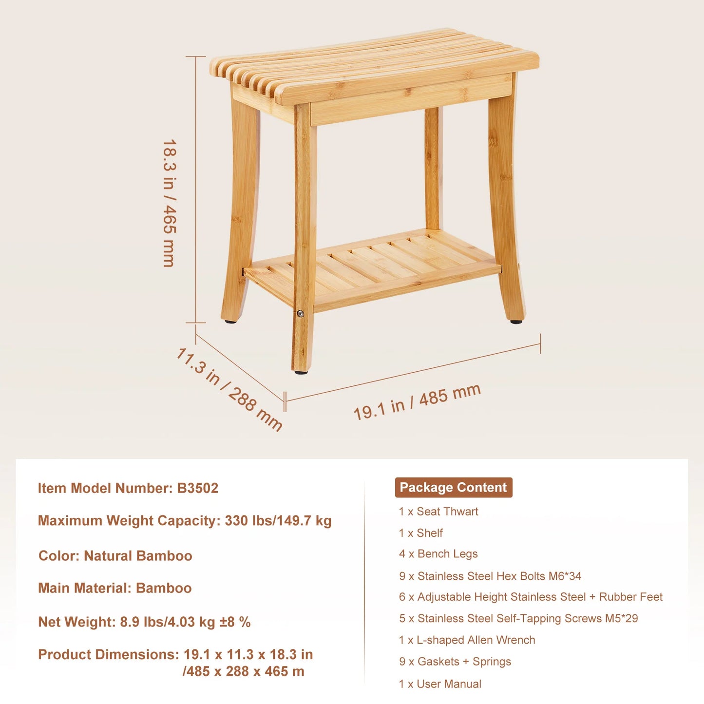 SucceBuy Bamboo Shower Bench With Storage Shelf 330Lb Capacity