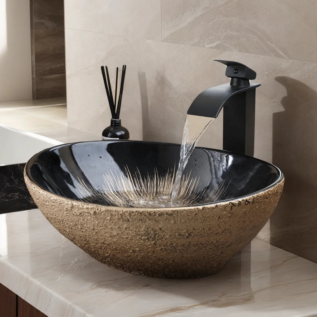 MEKKHALA Oval Vessel Sink With Faucet Marble Ceramic