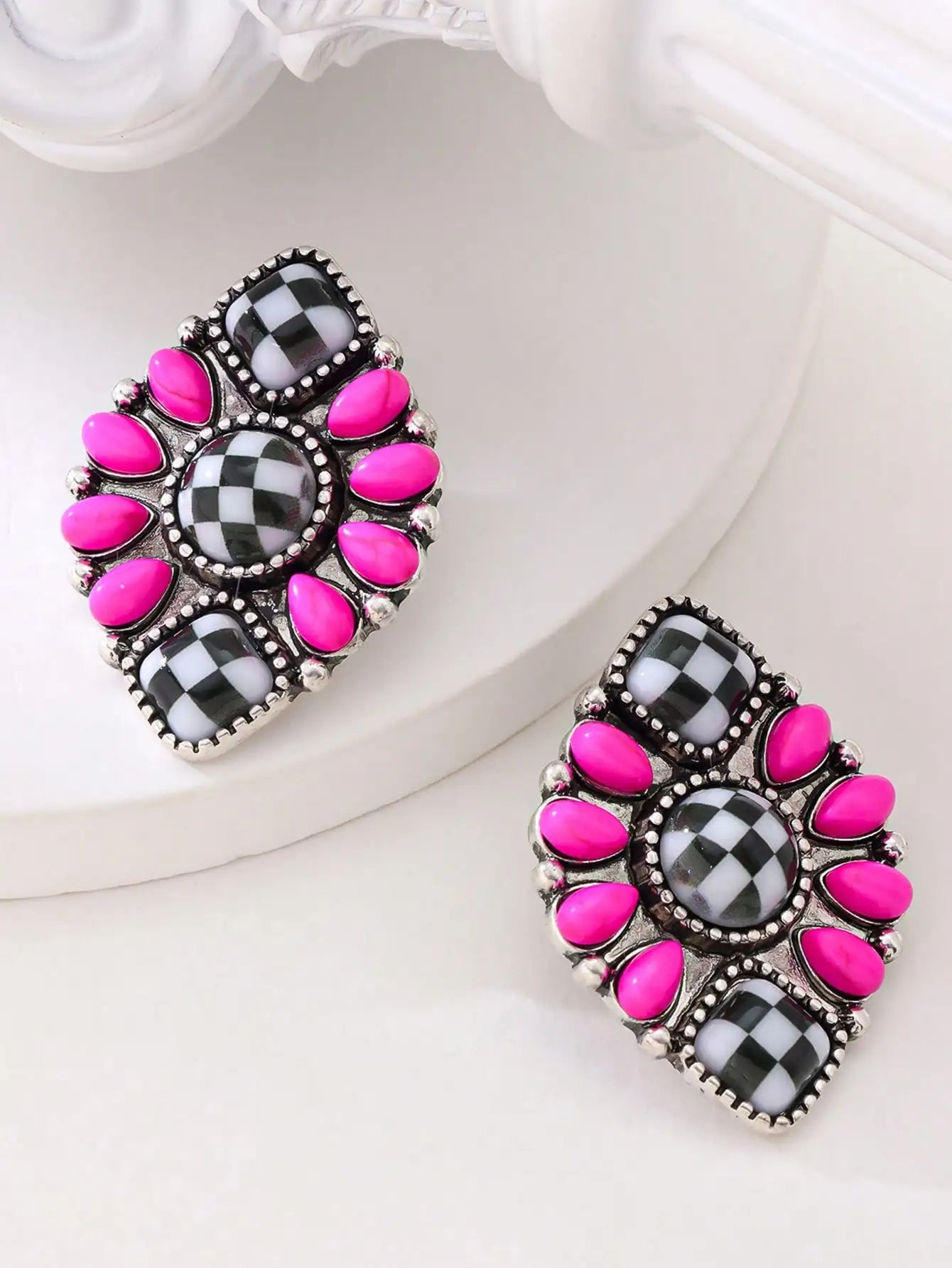 Checkerboard Stud Earrings With Iridescent Stones