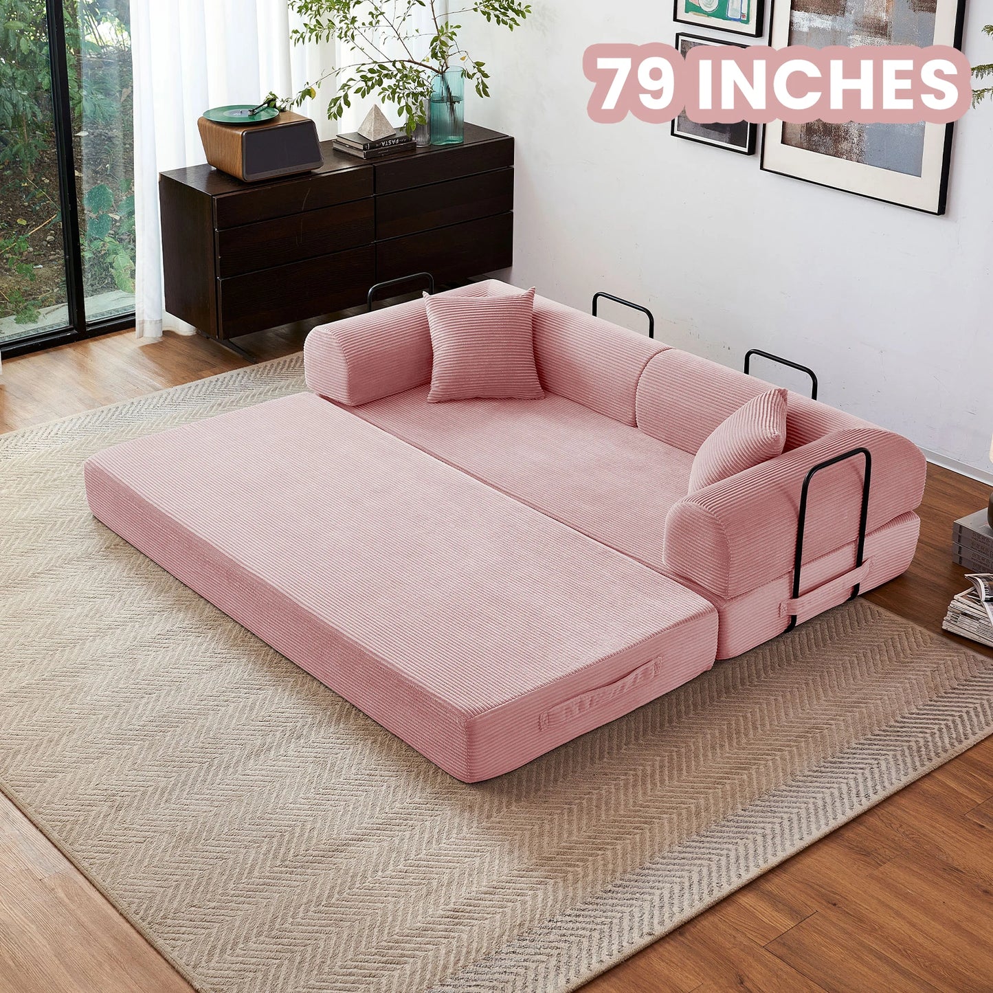 Foldable Convertible Futon Sofa Bed With L-Shaped Armrests Living Room