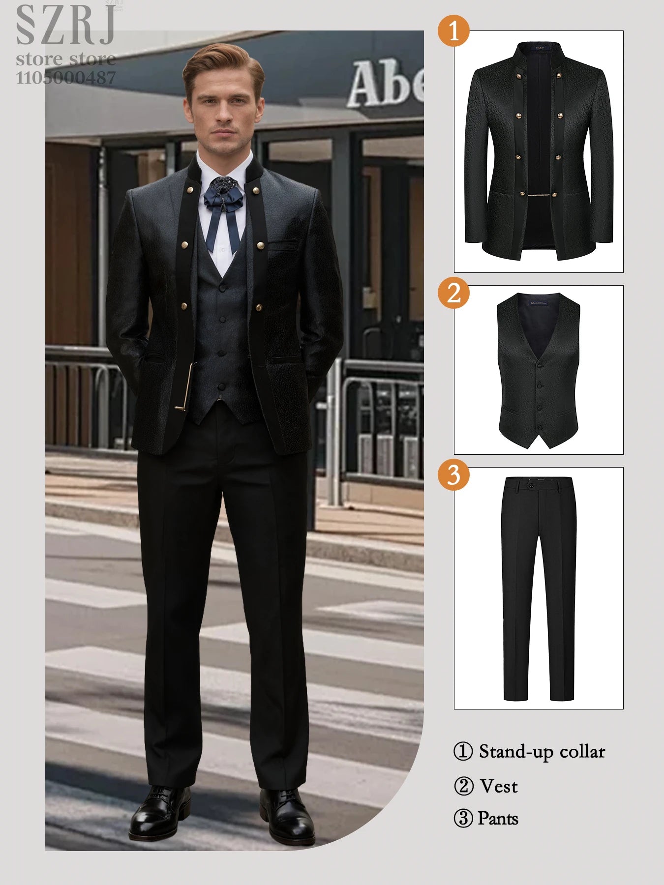 Men's Floral Three Piece Tuxedo Suit With Double Breasted Vest