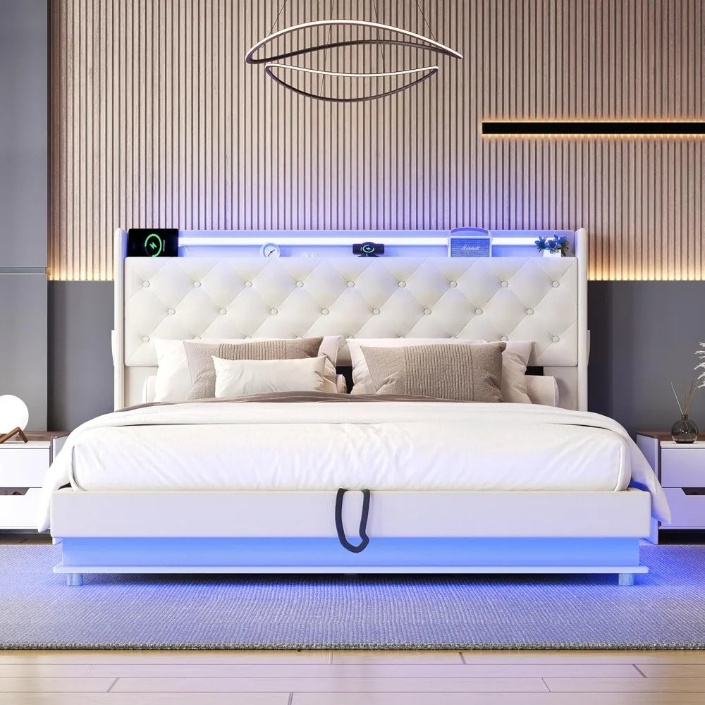 Lift Up Storage Bed With LED Lights And Charging Station