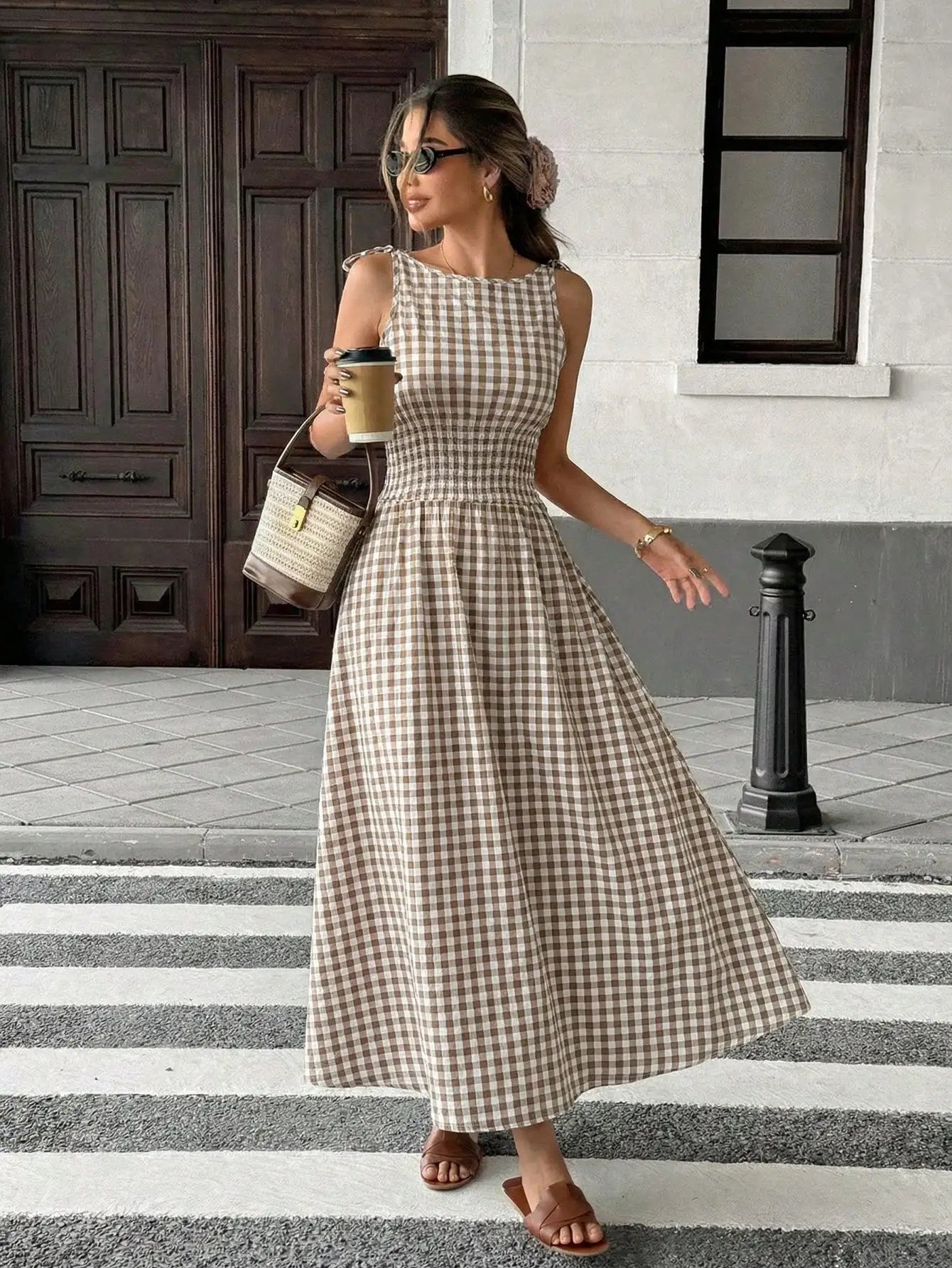 Gingham Maxi Dress With Bow Tie Straps Smocked Waist