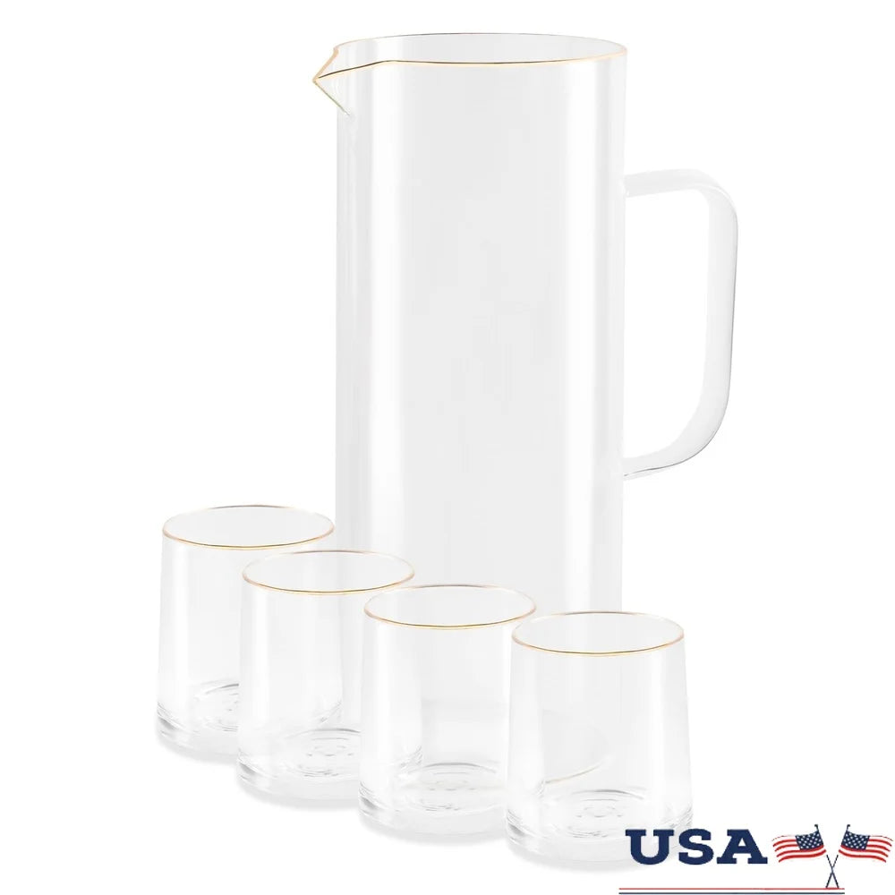XMSJ 60oz Pitcher And Four Glass Set Gold Rim Design