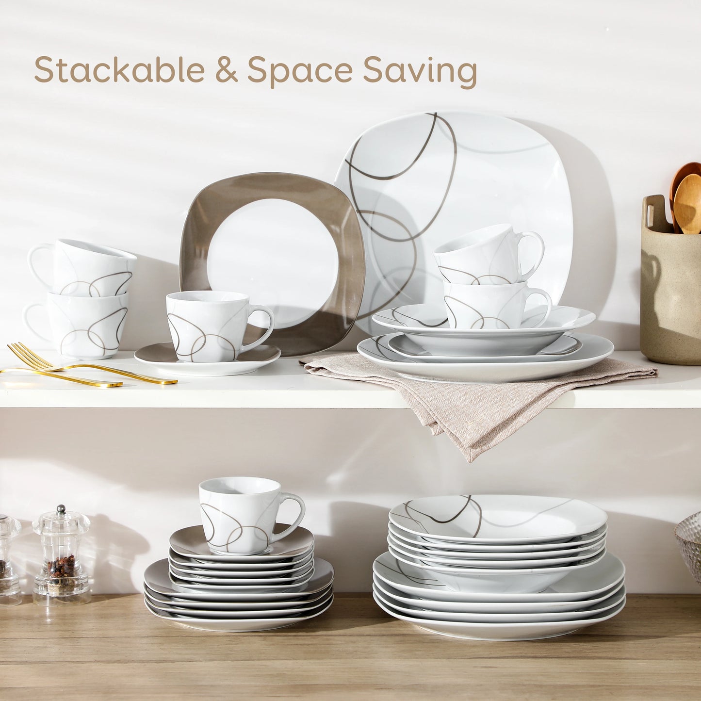 MALACASA 30 Piece Porcelain Dinnerware Set With Plates Cups Saucers