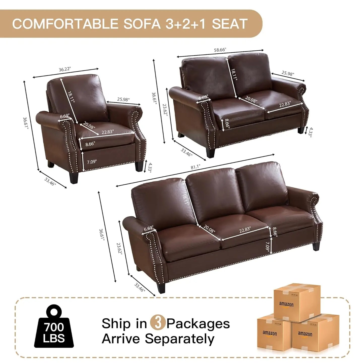 Compact PU Leather Sofa Set 3 Piece With Nailhead Trim