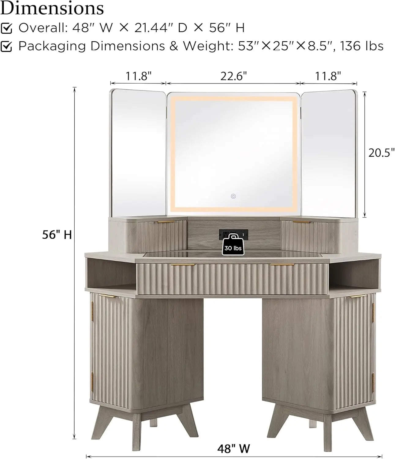 Fluted Makeup Vanity Desk With Three Way Mirror And Lights