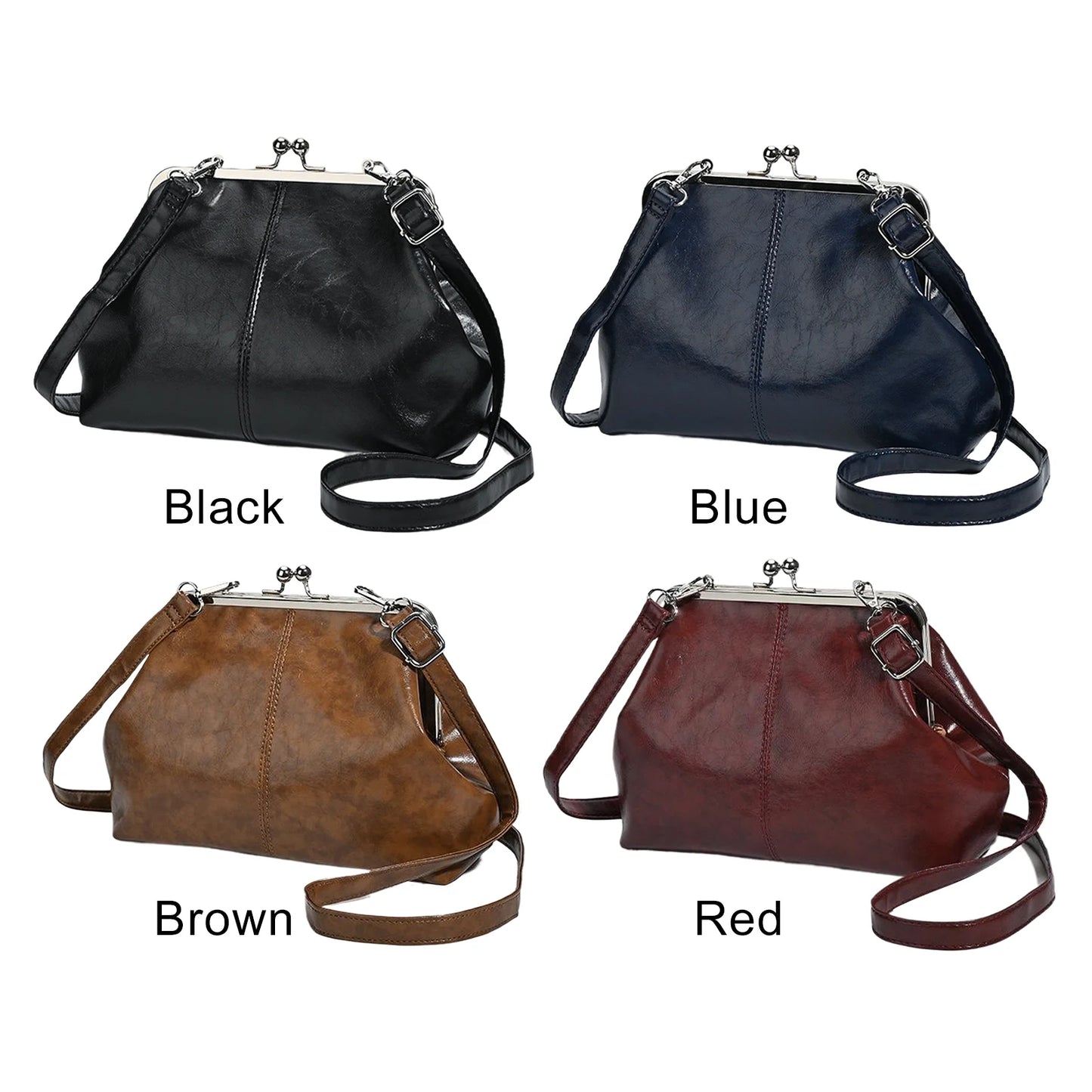 PU Leather Shoulder Bag For Women Adjustable Strap Kiss Lock