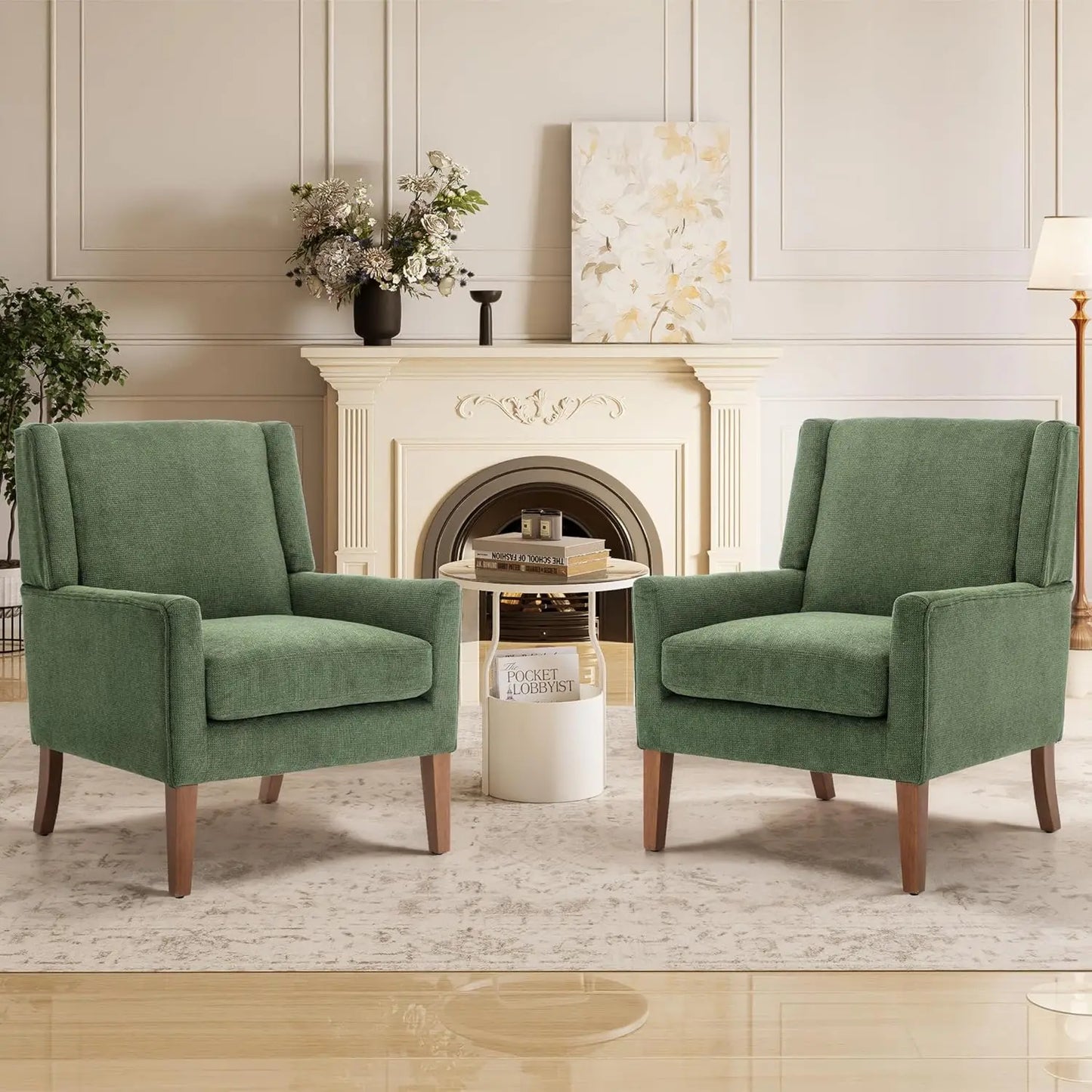 Wingback Accent Chair Set in Velvet with Wood Legs