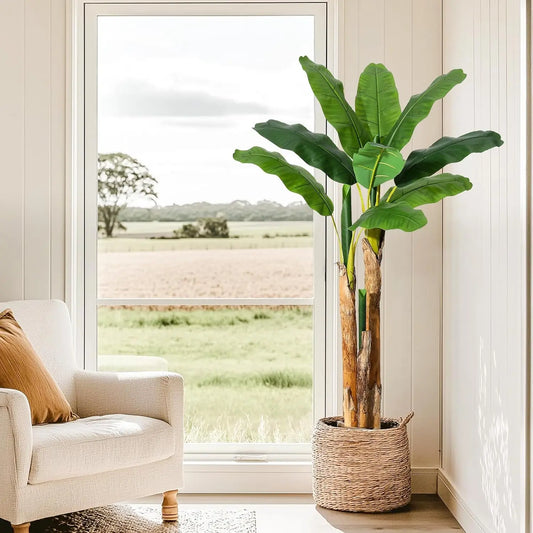 HiMISSCN Artificial Banana Tree With Planter Faux Leaves