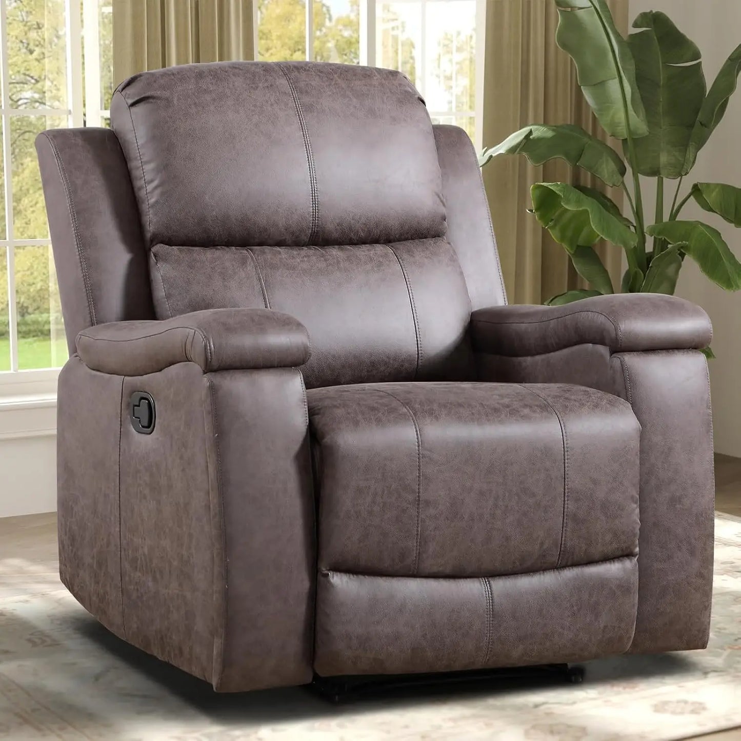 Overstuffed Manual Recliner Chair With Cup Holders For Living Room