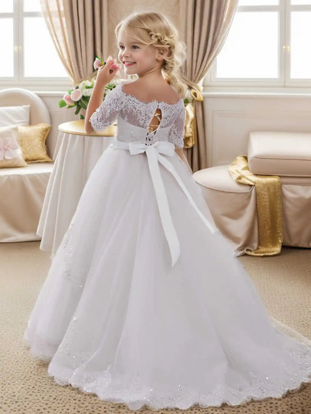 Elegant Flower Girl Dress With Lace Inset