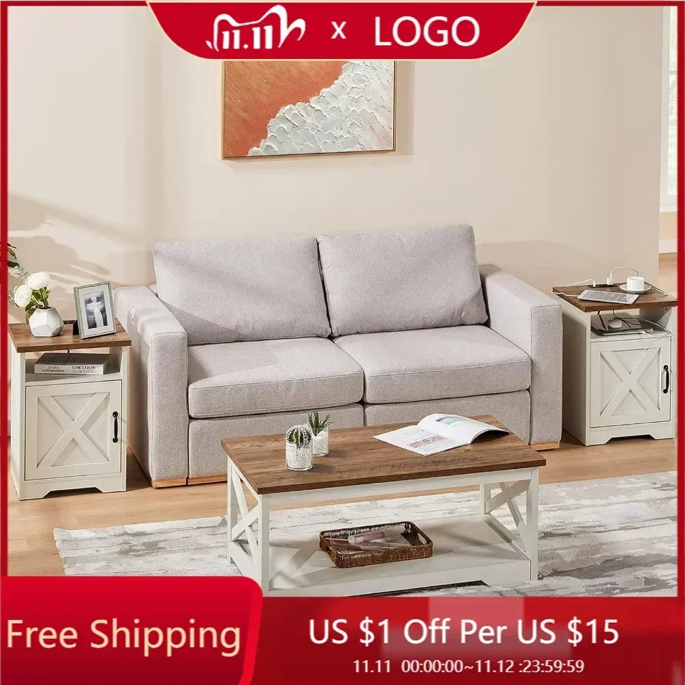 Farmhouse Style 3 Piece Living Room Set With USB Ports