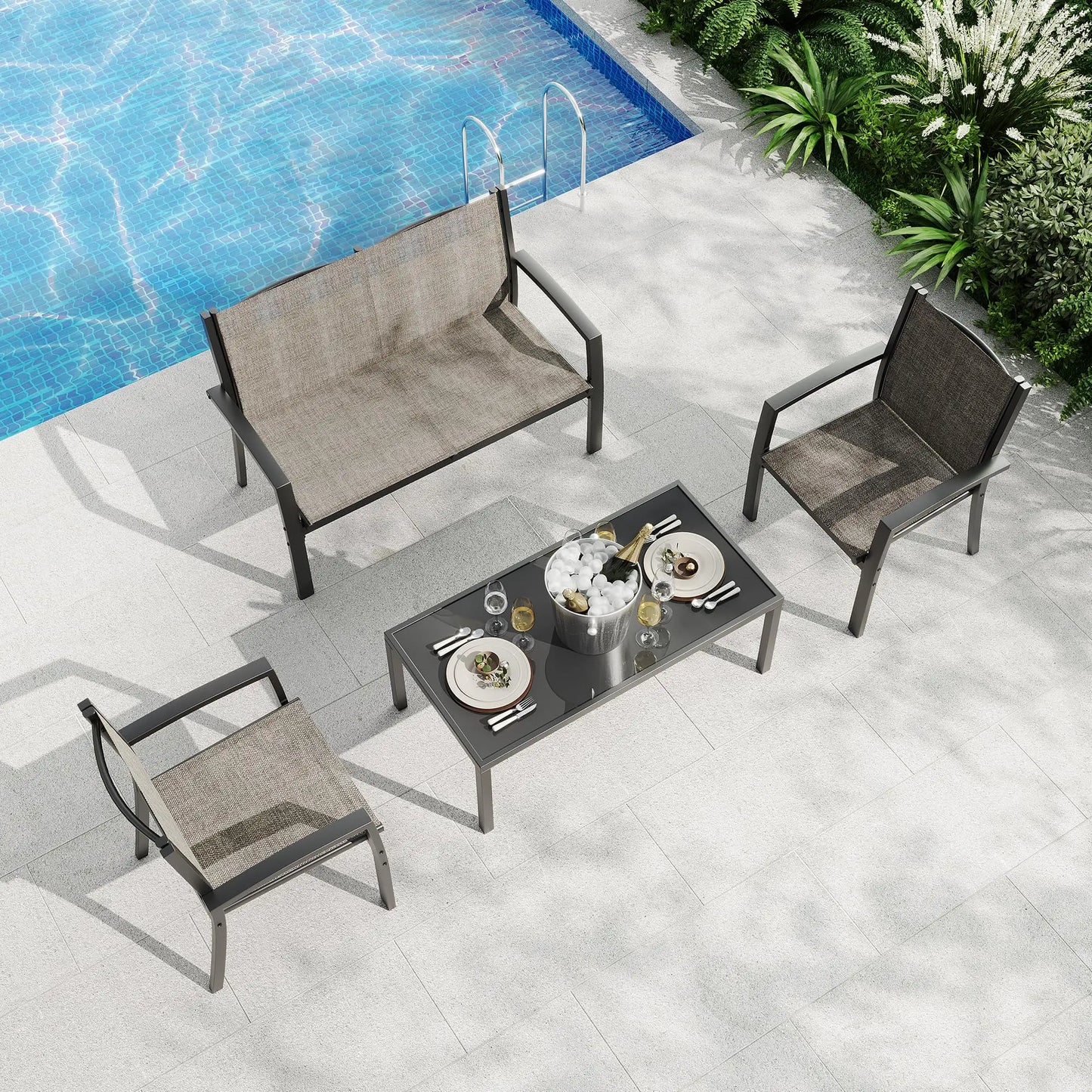 HobbyLane Modern 4-Piece Metal Patio Set With Textilene Mesh