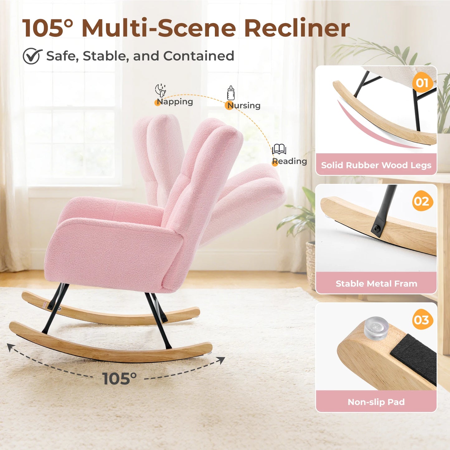 JHK Teddy Upholstered Saucer Rocking Chair With High Backrest