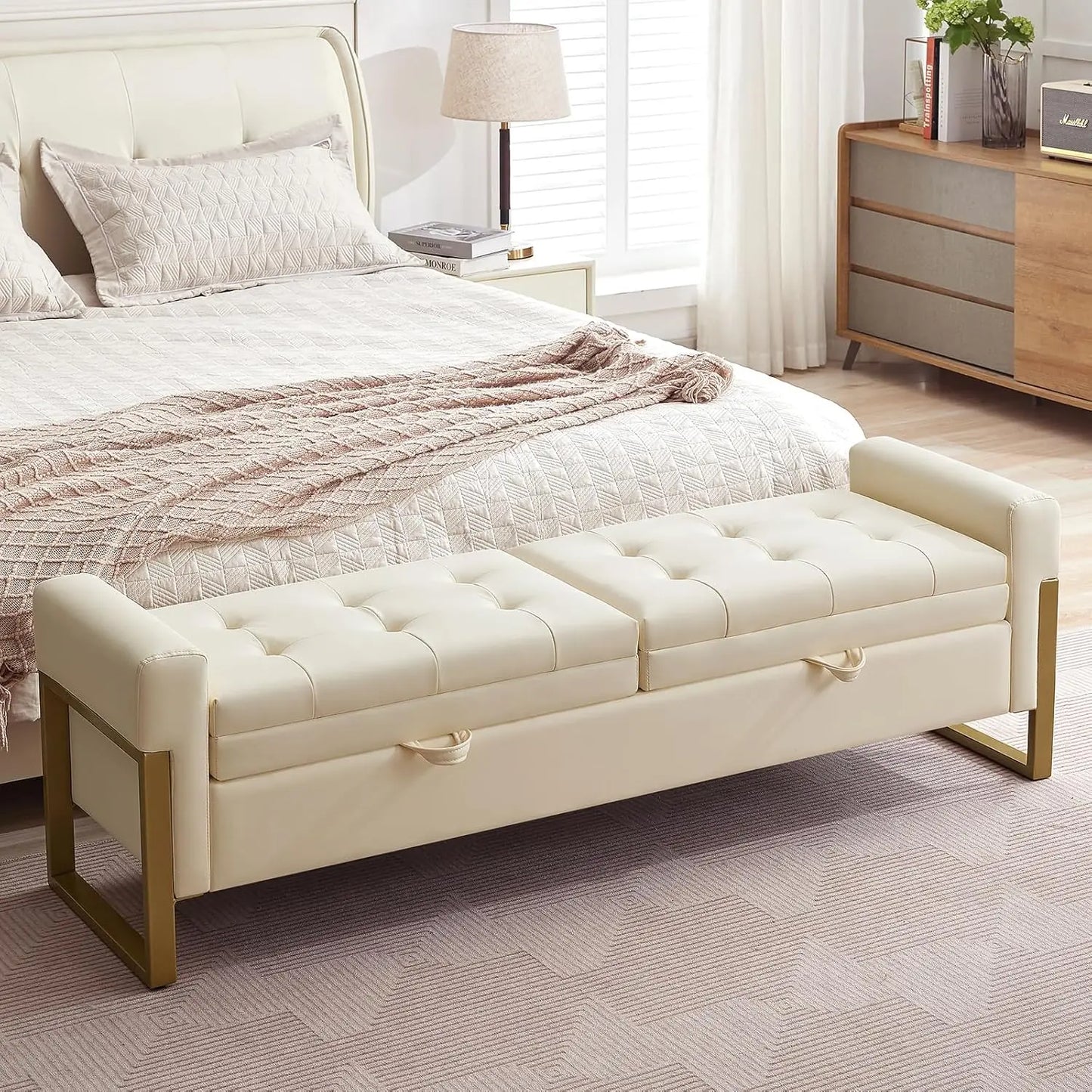 Bed End Storage Bench With Velvet Upholstery And Metal Legs