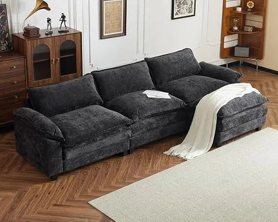 Premium Contemporary L Shaped Chenille Upholstered Sectional Sofa Featuring Ottoman