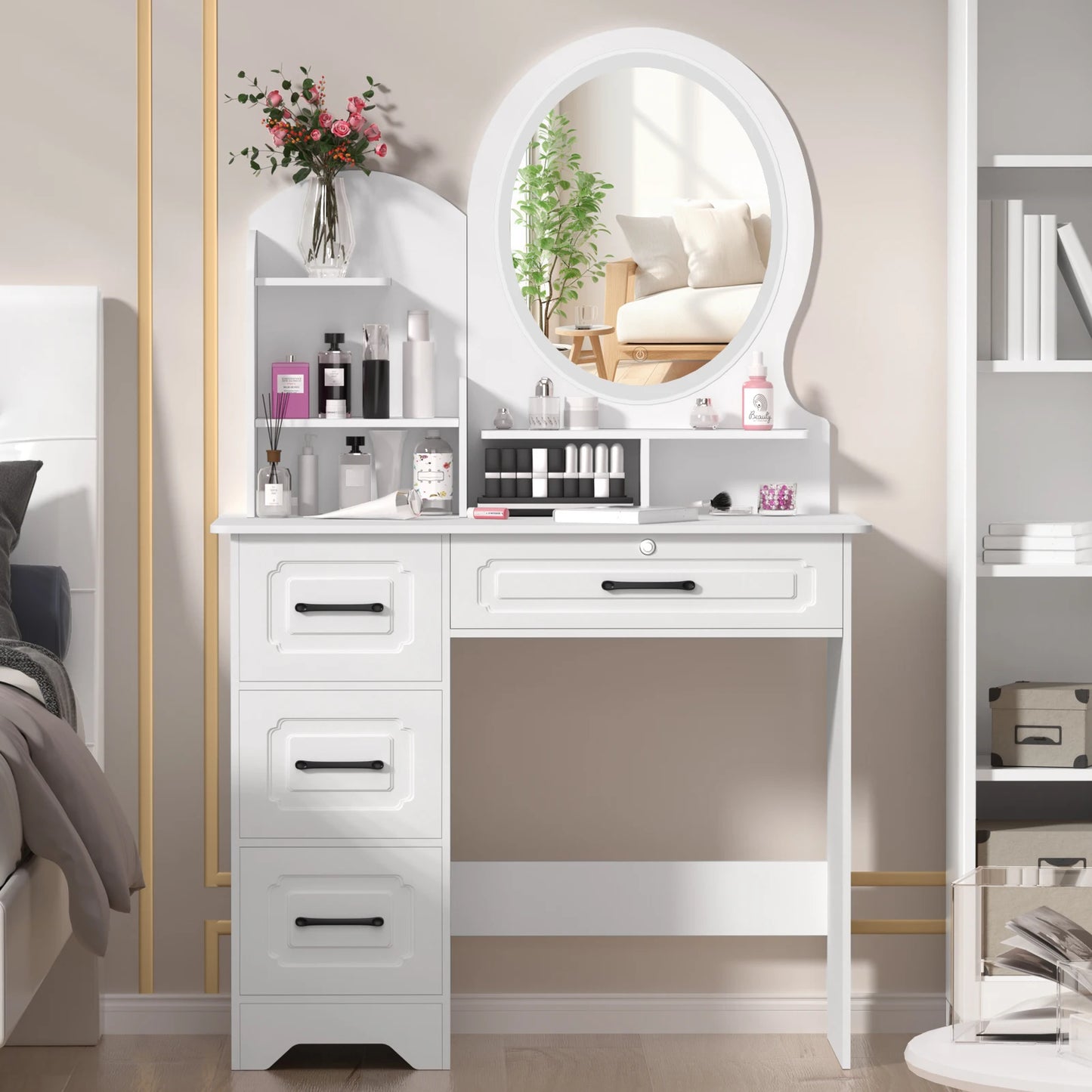 Modern Makeup Vanity Table With Mirror And Lights And Storage