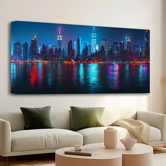 New York City Night View Canvas Wall Art Pine Frame